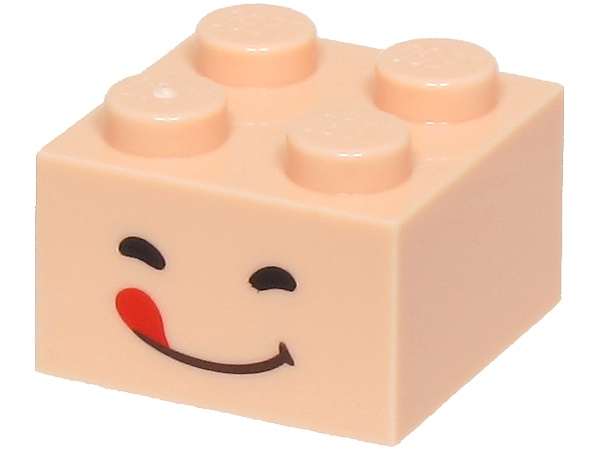 Brick 2 x 2 with Black Closed Eyes and Dark Brown Mouth with Red Tongue Sticking Out Pattern (Super Mario Green Toad Face): {светло нуга}
