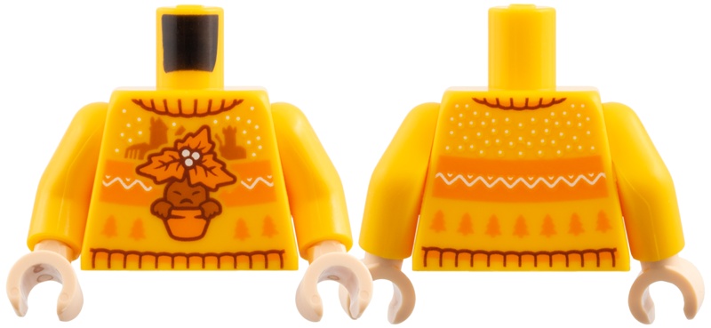 Torso Knit Fair Isle Holiday Sweater with Dark Orange Mandrake in Pot with Leaves, Castle Silhouettes and Christmas Trees Pattern / Bright Light Orange Arms / Light Nougat Hands: {огнено жълто-оранжев}