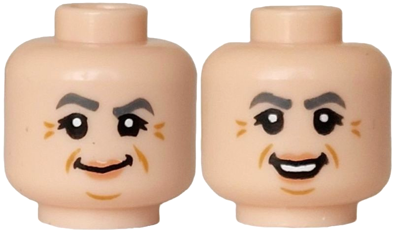 Minifigure, Head Dual Sided Female, Dark Bluish Gray Eyebrows, Nougat Lips, Medium Nougat Chin Dimple, Cheek Lines and Crow's Feet, Smile / Open Mouth Smile Pattern: {светло нуга}