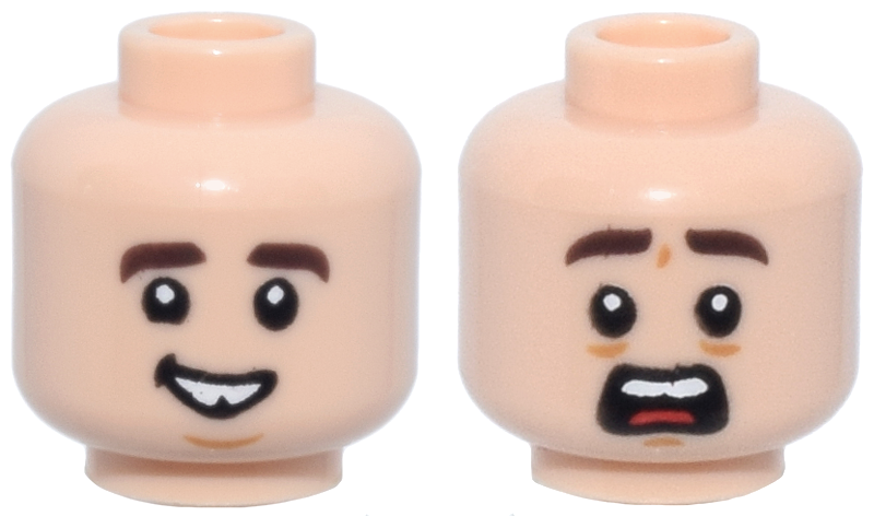 Minifigure, Head Dual Sided Dark Brown Eyebrows, Smile with Tooth Gap / Open Mouth Scared with Red Tongue Pattern: {светло нуга}