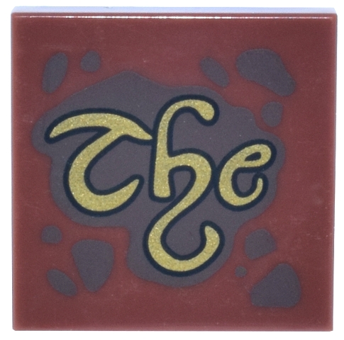 Tile 2 x 2 with Dark Brown Spots and Splatters and Gold Script 'The' Pattern: {червеникаво-кафяв}