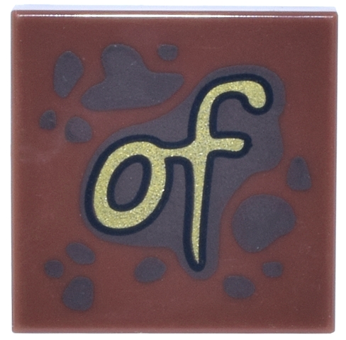 Tile 2 x 2 with Dark Brown Spots and Splatters and Gold Script 'of' Pattern: {червеникаво-кафяв}