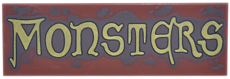 Tile 2 x 6 with Dark Brown Spots and Splatters and Gold 'MONSTERS' Pattern: {червеникаво-кафяв}