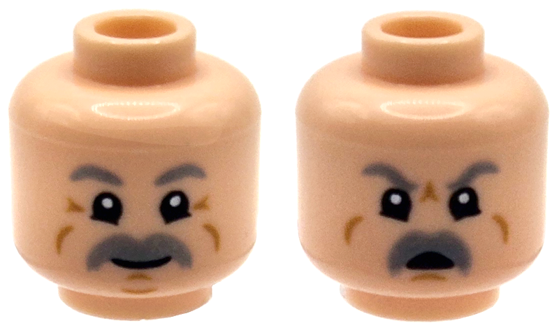 Minifigure, Head Dual Sided Light Bluish Gray Eyebrows and Thick Moustache, Medium Nougat Wrinkles and Cheek Lines, Grin / Angry Open Mouth Pattern: {светло нуга}