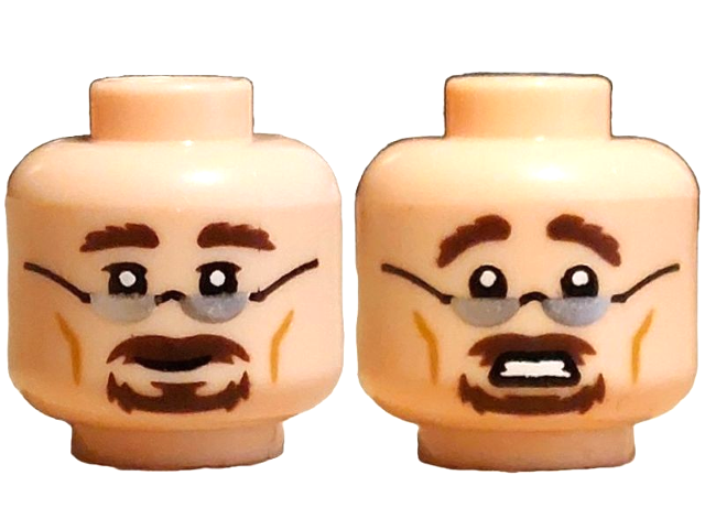 Minifigure, Head Dual Sided Silver Glasses, Dark Brown Eyebrows, Moustache, Goatee, Grin / Scared Open Mouth with Teeth Pattern: {светло нуга}