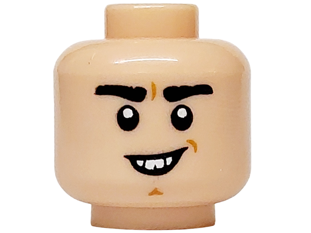 Minifigure, Head Thick Black Eyebrows, Medium Nougat Chin Dimple, Open Mouth Grin with Buck Teeth Pattern: {светло нуга}
