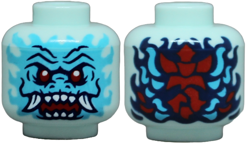 Minifigure, Head Alien Dragon with Medium Azure Face, Red Eyes, Dark Blue Eyebrows and Nostrils, Open Mouth with Fangs and Sharp Teeth, Scales and Swirls on Back Pattern: {аквамарин}