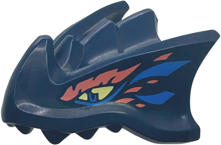 Dragon Head (Ninjago) with Stepped Top, Horn and Pin Hole on Back with Bright Light Yellow Eyes, Blue and Coral Markings Pattern: {земно син}
