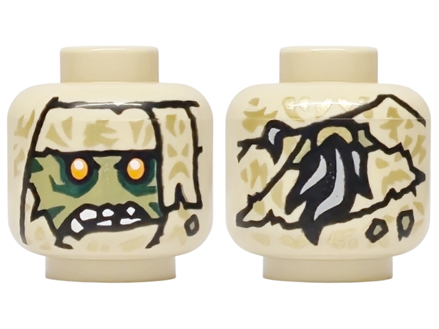 Minifigure, Head Alien Olive Green Face with Dark Green Markings, Bright Light Orange Eyes, Tattered Wrappings with Gold Highlights, Light Bluish Gray Ponytail on Back Pattern: {тухлено жълт}