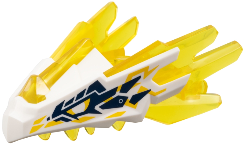Dragon Head (Ninjago) Jaw with Spikes, 4 Studs and 2 Bar Handles with Molded White Face and Printed Yellow Lightning, Dark Blue Markings Pattern: {прозрачно жълт}