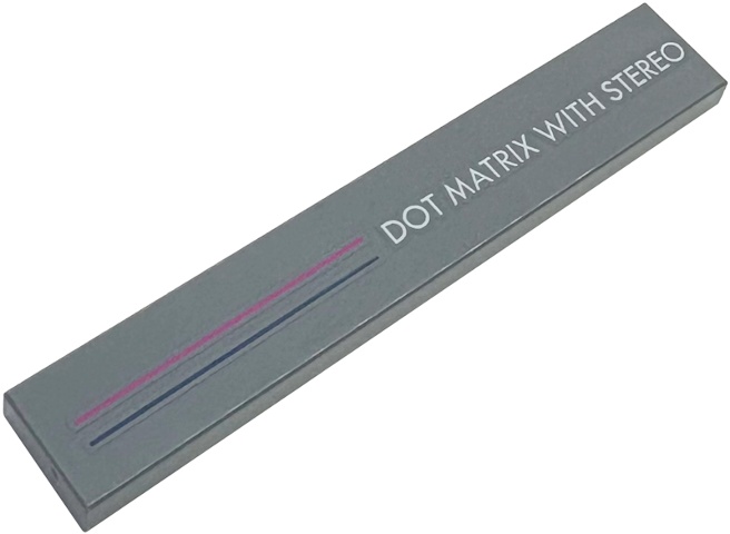 Tile 1 x 6 with Magenta and Dark Blue Stripes and White 'DOT MATRIX WITH STEREO' Pattern: {тъмно каменно сив}