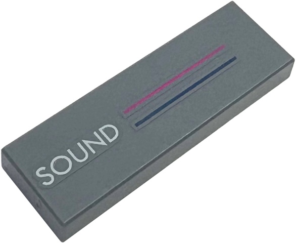 Tile 1 x 3 with Magenta and Dark Blue Stripes and White 'SOUND' Pattern: {тъмно каменно сив}