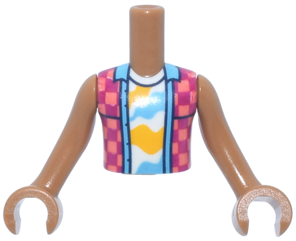 Torso Mini Doll Boy Coral and Magenta Checkered Sleeveless Shirt Open over White Undershirt with Bright Light Orange and Medium Azure Shapes Pattern, Medium Nougat Arms with Hands: {умерен нуга}