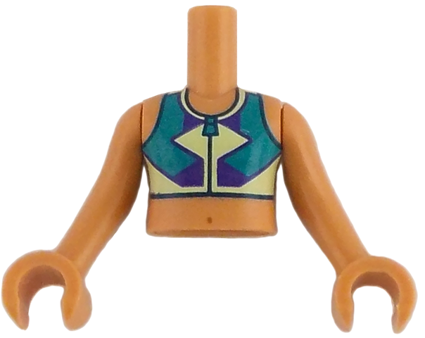 Torso Mini Doll Girl Dark Turquoise, Yellowish Green and Dark Purple Sleeveless Top Short with Zipper Pattern, Nougat Arms with Hands: {нуга}