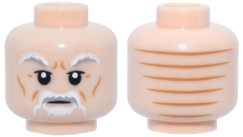 Minifigure, Head White and Light Bluish Gray Bushy Eyebrows and Moustache, White Beard, Medium Nougat Wrinkles and Lines on Back Pattern: {светло нуга}