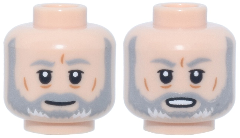 Minifigure, Head Dual Sided Light Bluish Gray and White Full Beard and Eyebrows, Dark Orange Wrinkles, Slight Smile / Open Mouth Scowl Pattern (Obi-Wan Kenobi): {светло нуга}