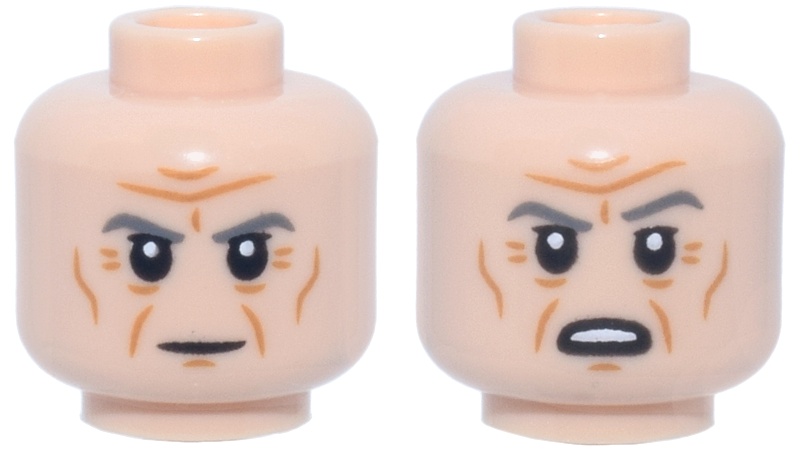 Minifigure, Head Dual Sided Dark Bluish Gray Eyebrows, Dark Orange Wrinkles, Stern / Open Mouth Scowl Pattern (Grand Moff Tarkin): {светло нуга}