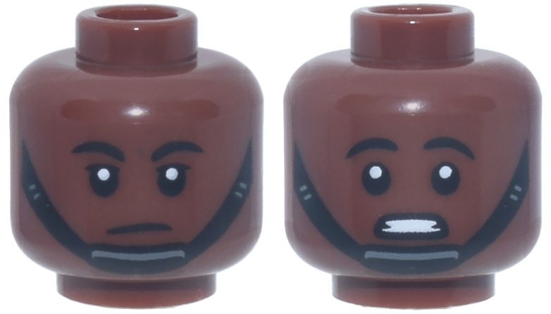 Minifigure, Head Dual Sided Black Eyebrows, Chin Strap, Neutral / Scared Open Mouth with Teeth Pattern: {червеникаво-кафяв}