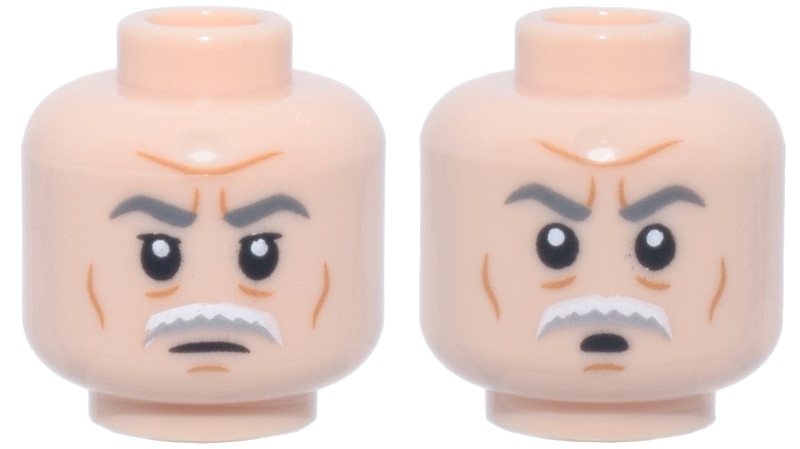 Minifigure, Head Dual Sided Dark Bluish Gray Eyebrows, White Bushy Moustache, Dark Orange Wrinkles, Frown / Pursed Mouth? Pattern (Colonel Wullf Yularen): {светло нуга}
