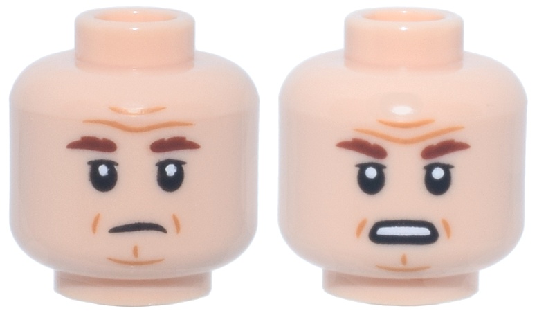 Minifigure, Head Dual Sided Reddish Brown Eyebrows, Dark Orange Wrinkles, Frown / Open Mouth Scowl Pattern (General Tagge): {светло нуга}