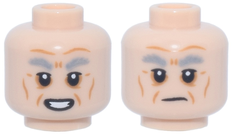 Minifigure, Head Dual Sided Light Bluish Gray Bushy Eyebrows, Dark Orange Wrinkles Open Mouth Smile / Closed Mouth Smirk Pattern: {светло нуга}