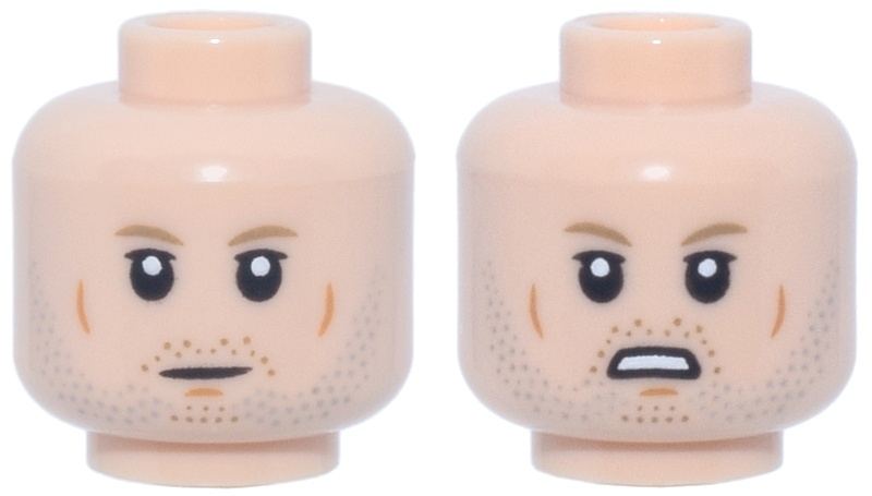 Minifigure, Head Dual Sided Dark Tan Eyebrows, Light Bluish Gray Beard Stubble, Dark Orange Cheek Lines and Chin Dimple, Neutral / Open Mouth Scowl Pattern (Galen Erso): {светло нуга}