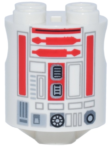 Brick, Round 2 x 2 x 2 Robot Body with Bottom Axle Holder (x Shape / + Orientation) with Light Bluish Gray Lines, Silver Rectangles and Ports and Red Droid Details Pattern (R3-T6): {бял}