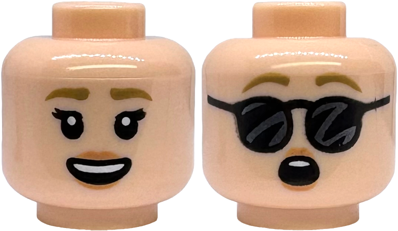 Minifigure, Head Dual Sided Female Dark Tan Eyebrows, Double Eyelashes, Nougat Lips, Open Mouth Smile with Top Teeth / Surprised with Black Sunglasses Pattern: {светло нуга}
