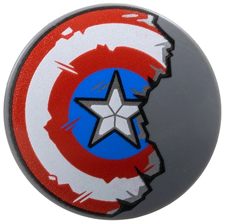 Minifigure, Shield Circular / Round Convex Face with Red and White Concentric Rings, Star in Blue Circle, Scratches and Damaged Half Pattern (Captain America): {тъмно каменно сив}