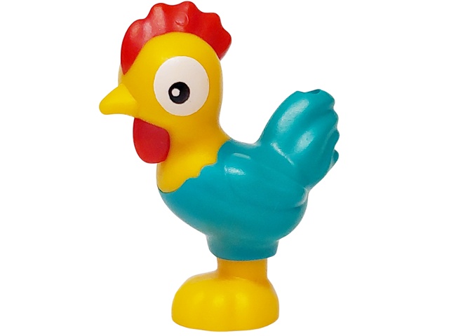 Chicken, Mini Doll Style with Scalloped Base with Molded Dark Turquoise Tail Feathers, Red Comb and Wattle and Printed Black and White Eyes Pattern (Disney Heihei): {огнено жълто-оранжев}
