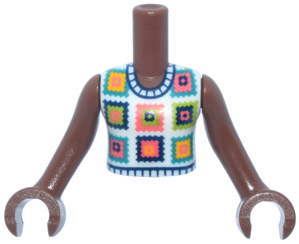 Torso Mini Doll Girl White Sleeveless Crochet Top with Squares Pattern, Medium Brown Arms with Hands: {умерено кафяв}