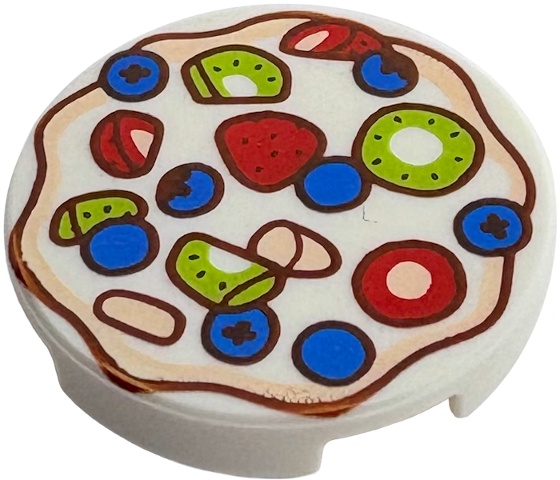 Tile, Round 2 x 2 with Bottom Stud Holder with Red Strawberries, Blue Blueberries and Lime Kiwi Fruit Slices Pattern: {бял}