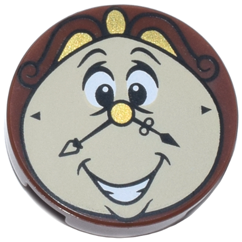 Tile, Round 2 x 2 with Bottom Stud Holder with Smiling Tan Clock Face, Gold Nose and Trim, Black Hands and Scrolls, Open Mouth with Teeth Pattern (Cogsworth): {червеникаво-кафяв}