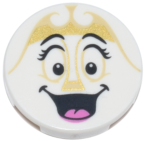 Tile, Round 2 x 2 with Bottom Stud Holder with Tan and Gold Scrolls, Eyes and Nose, Black Eyebrows and Eyelashes, Open Mouth Smile with Dark Pink Tongue Pattern (Wardrobe Face): {бял}