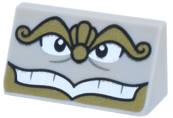 Slope 30 1 x 2 x 2/3 with Gold Eyebrows, Nose and Beard, Black and White Eyes, Open Mouth Smile with Teeth Pattern (Chef Bouche Face): {умерено каменно сив}