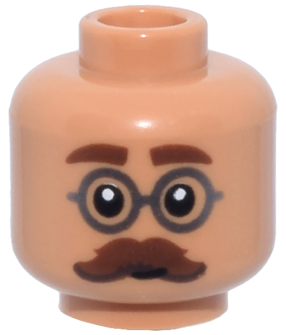 Minifigure, Head Reddish Brown Thick Eyebrows and Moustache, Dark Silver Round Glasses Pattern: {нуга}
