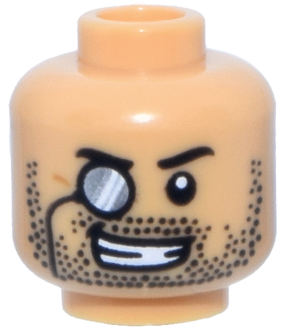 Minifigure, Head Black Eyebrows and Stubble, Black Monocle Right with Silver and White Lens, Open Mouth Grin with Teeth Pattern: {умерен тан}