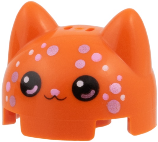 Brick, Round 2 x 2 x 1 1/3 Dome Top with Cat Ears with White and Metallic Pink Spots, Black Eyes and Mouth, Bright Pink Nose Cat Face Pattern: {червеникаво-оранжев}