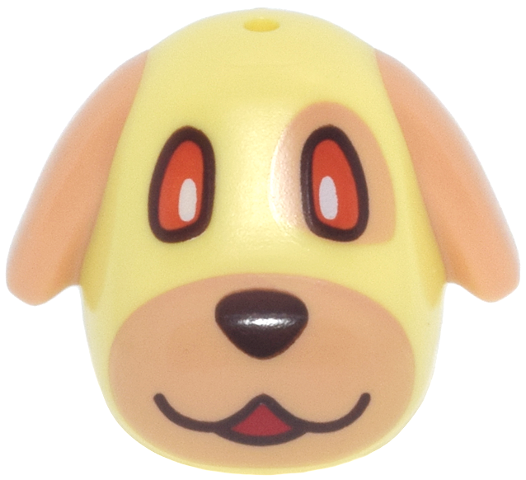 Minifigure, Head, Modified Dog (Golden Retriever) with Molded Nougat Long Rounded Ears and Printed Snout, Eyepatch, Reddish Orange Eyes, Dark Brown Nose and Mouth, Red Tongue Pattern: {студено жълт}