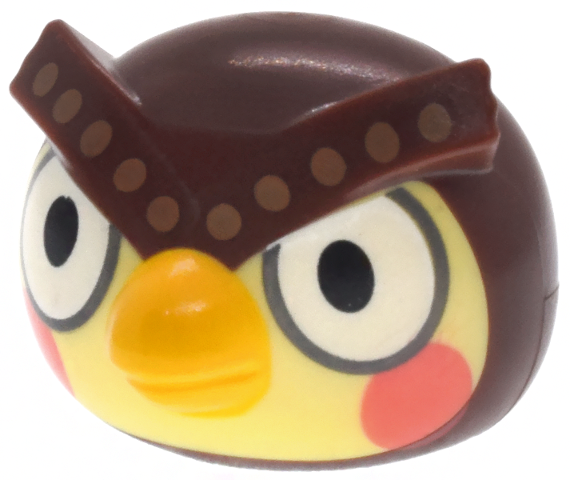 Minifigure, Head, Modified Owl with Molded Bright Light Yellow Face and Printed Black and Dark Bluish Gray Eyes, Coral Cheeks, Yellow Beak and Dark Tan Dots on Eyebrows Pattern: {червеникаво-кафяв}