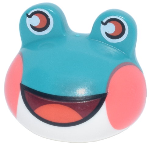 Minifigure, Head, Modified Frog with Molded White Lower Head and Printed Coral Round Cheeks, Reddish Orange Eyes and Dark Red Open Mouth Smile with Tongue Pattern: {ярко синьо-зелен}