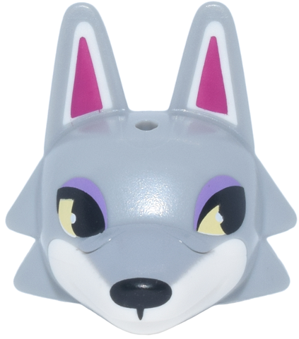 Minifigure, Head, Modified Wolf with Pointed Ears with Molded White Face and Printed Magenta Auricles, Bright Light Yellow and Black Eyes, Medium Lavender Eyelids Pattern: {умерено каменно сив}