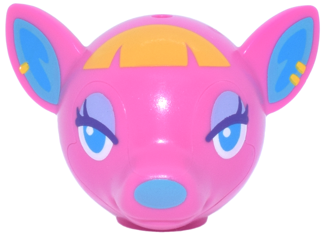 Minifigure, Head, Modified Deer with Ears with Dark Azure Eyes, Lavender Eyelids, Medium Azure Nose and Auricles, Yellow Hair and Earrings Pattern: {ярко пурпурен}