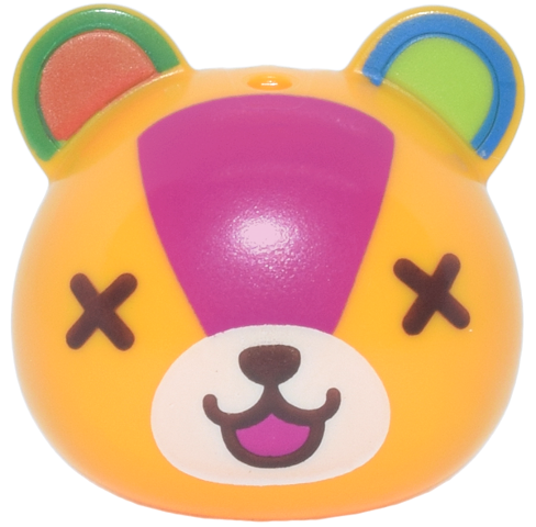 Minifigure, Head, Modified Squirrel / Cub with Ears with Molded Lime Auricles and Printed White Nose, Dark Brown X Eyes and Nose, Magenta Face and Mouth, and Blue, Green and Reddish Orange Ears Pattern: {огнено жълто-оранжев}