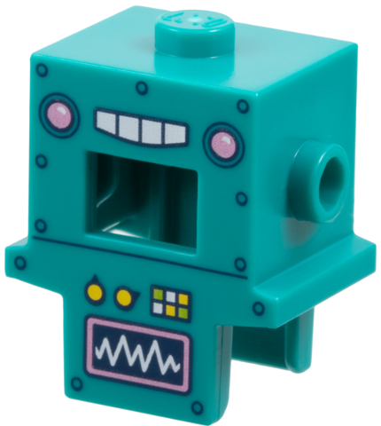 Minifigure, Headgear Head Cover, Costume Robot with Rivets, Buttons and Monitor Wave Readout Pattern: {ярко синьо-зелен}