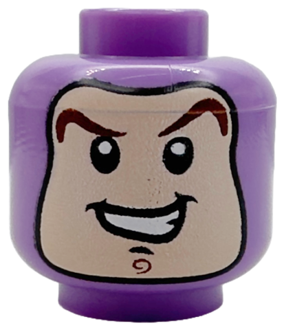 Minifigure, Head Balaclava with Face Hole, Reddish Brown Curved Eyebrows, Chin Swirl, Black Chin Dimple, Open Mouth Smile Pattern (Buzz Lightyear): {умерено лавандулов}