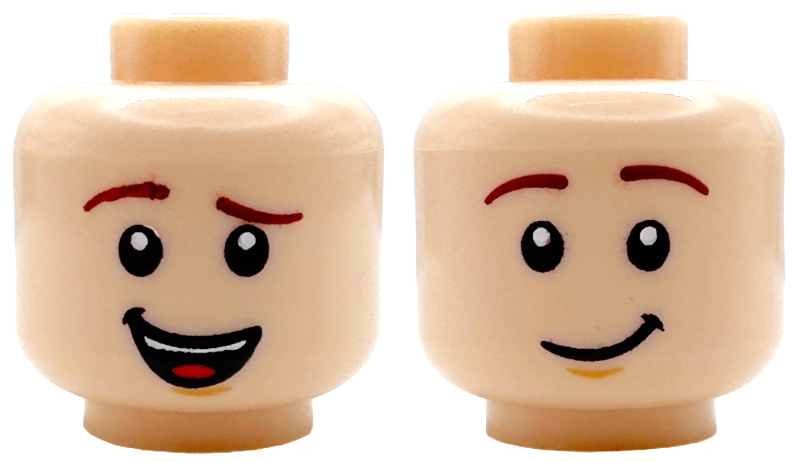 Minifigure, Head Dual Sided Reddish Brown Eyebrows, Nougat Chin Dimple, Lopsided Open Mouth Smile with Teeth and Tongue / Lopsided Grin Pattern: {светло нуга}