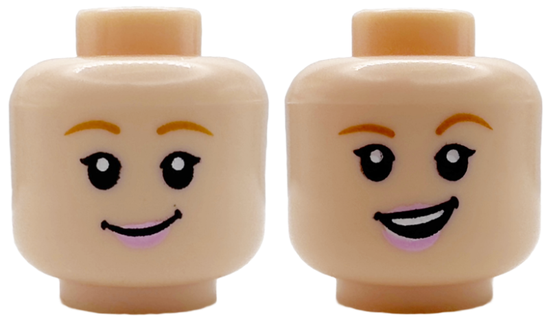 Minifigure, Head Dual Sided Female Medium Nougat Eyebrows, Bright Pink Lips, Open Mouth Smile with Top Teeth / Grin Pattern: {светло нуга}