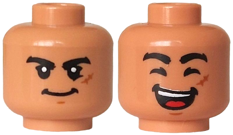 Minifigure, Head Dual Sided Black Eyebrows, Dark Orange Scar and Chin Dimple, Closed Mouth Grin / Open Mouth Smile, Red Tongue, White Teeth, Closed Eyes Pattern: {нуга}