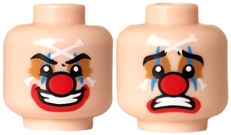 Minifigure, Head Dual Sided Clown Black Eyebrows, Medium Nougat Eye Shadow, Dark Azure Vertical Lines, White Crossbones, Red Nose and Lips, Open Mouth with Teeth Smile / Sad Pattern: {светло нуга}